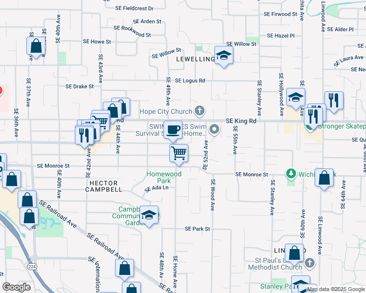map of restaurants, bars, coffee shops, grocery stores, and more near 10522 Southeast Home Avenue in Milwaukie
