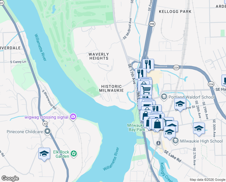 map of restaurants, bars, coffee shops, grocery stores, and more near 1611 Southeast Lava Drive in Milwaukie