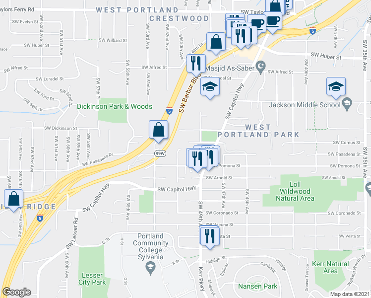 map of restaurants, bars, coffee shops, grocery stores, and more near 5001 Southwest Comus Street in Portland
