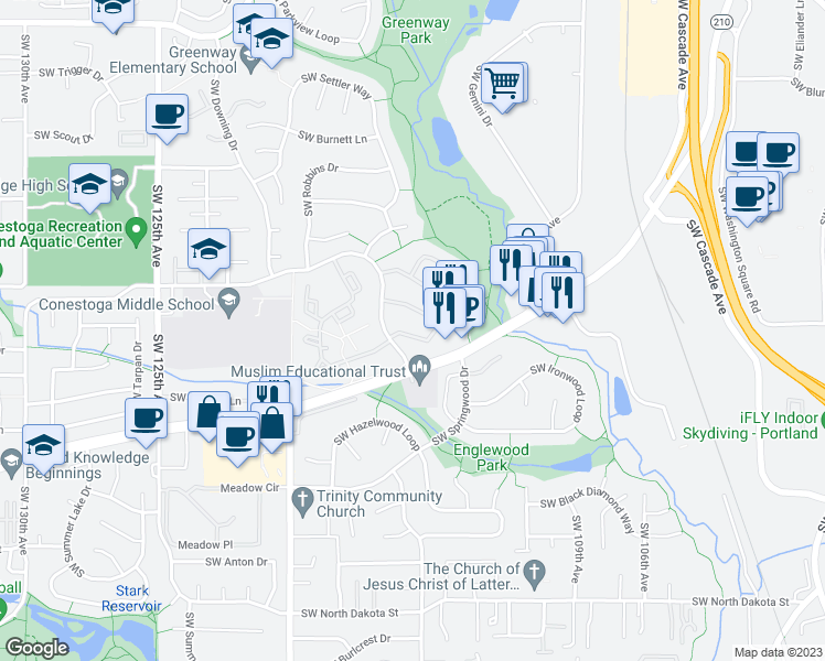map of restaurants, bars, coffee shops, grocery stores, and more near 10002 Southwest Conestoga Drive in Beaverton