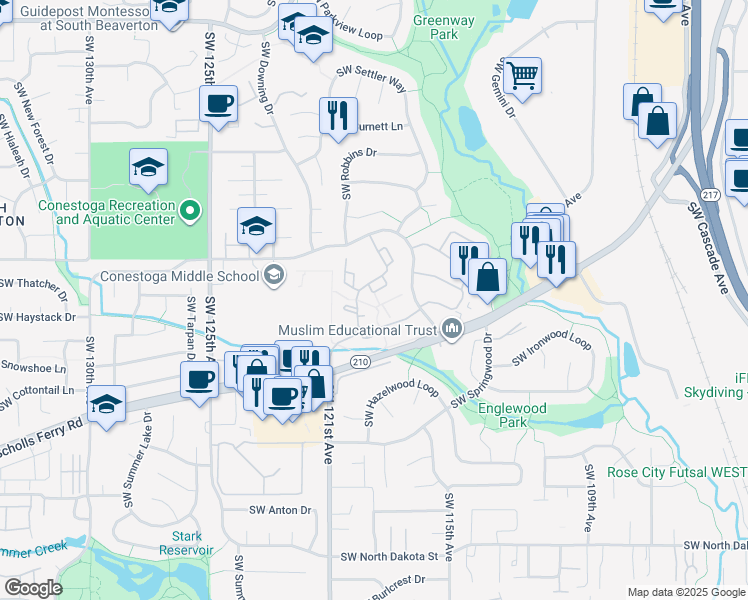 map of restaurants, bars, coffee shops, grocery stores, and more near 10133 Southwest Trapper Terrace in Beaverton