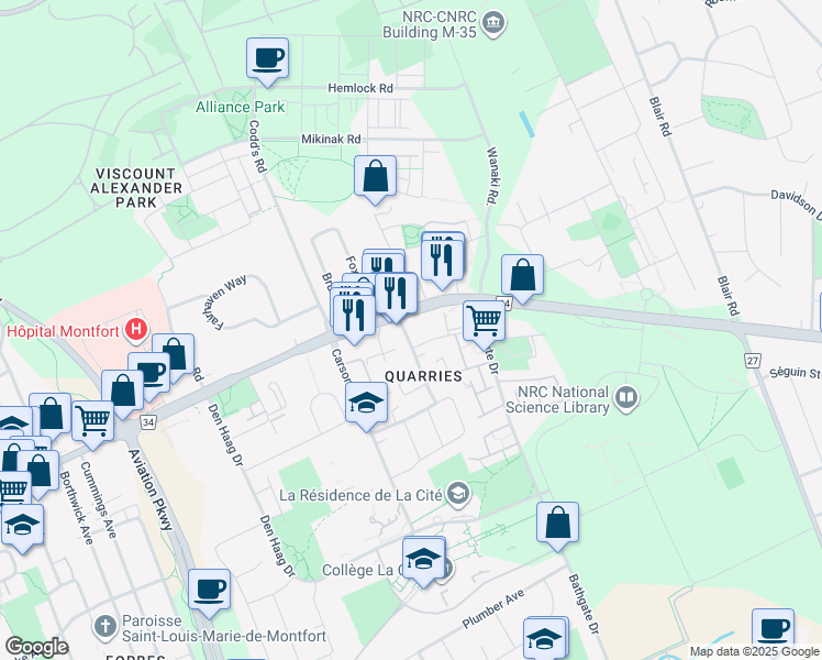 map of restaurants, bars, coffee shops, grocery stores, and more near 615 Hochelaga Street in Ottawa
