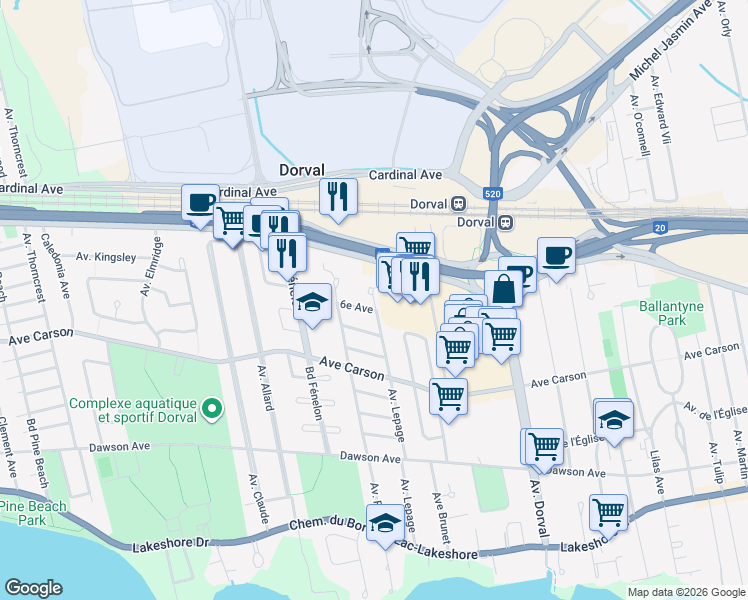 map of restaurants, bars, coffee shops, grocery stores, and more near 475 Lepage Avenue in Dorval