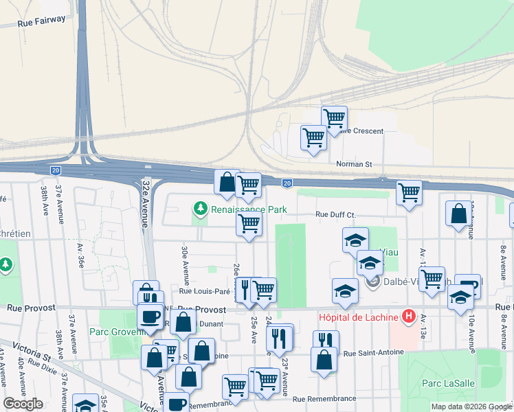 map of restaurants, bars, coffee shops, grocery stores, and more near 930 25e Avenue in Montréal