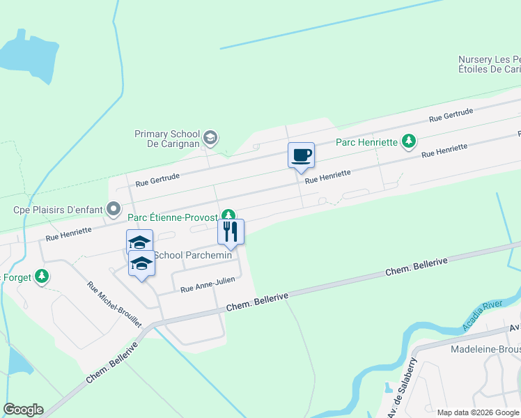map of restaurants, bars, coffee shops, grocery stores, and more near 2025 Rue Liliane Ouest in Carignan