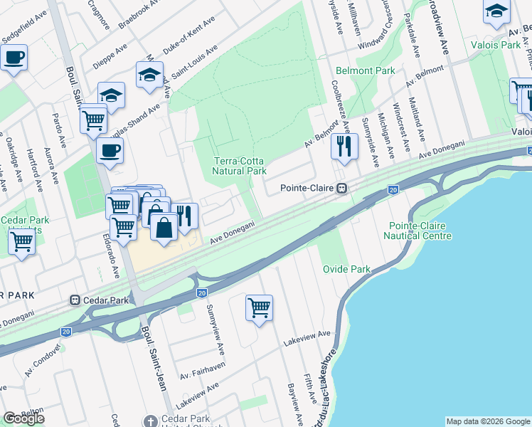 map of restaurants, bars, coffee shops, grocery stores, and more near 375 Avenue Donegani in Pointe-Claire