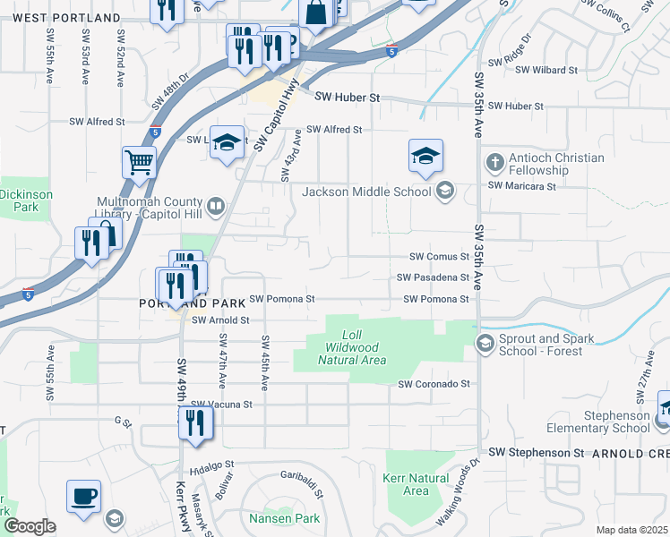 map of restaurants, bars, coffee shops, grocery stores, and more near 4210 Southwest Comus Street in Portland