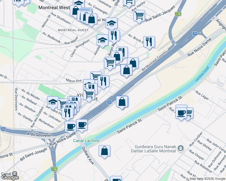 map of restaurants, bars, coffee shops, grocery stores, and more near 25 Avenue Lowland in Montréal