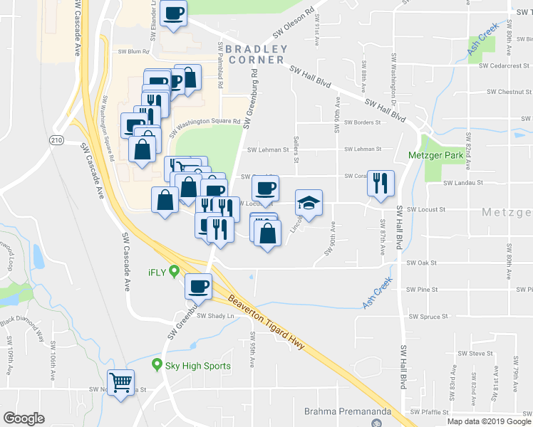 map of restaurants, bars, coffee shops, grocery stores, and more near 10200 Southwest Greenburg Road in Portland