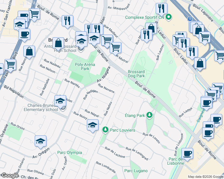 map of restaurants, bars, coffee shops, grocery stores, and more near 3880 Rue Navarre in Brossard