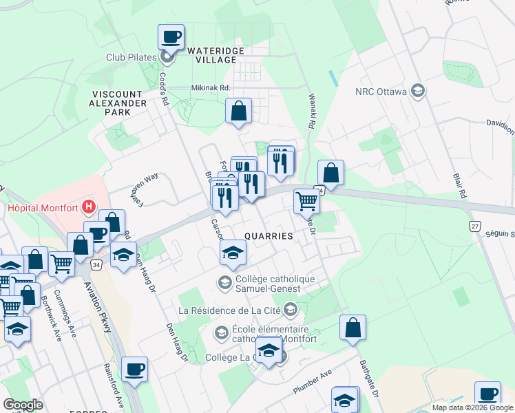 map of restaurants, bars, coffee shops, grocery stores, and more near 613 Hochelaga Street in Ottawa