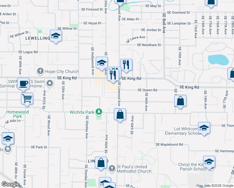map of restaurants, bars, coffee shops, grocery stores, and more near 10515 Southeast Linwood Avenue in Milwaukie
