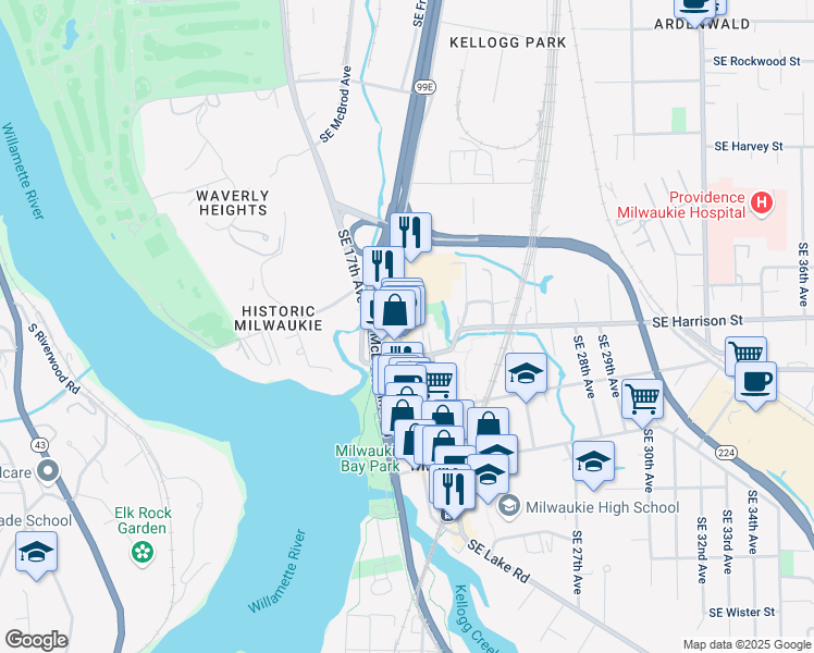 map of restaurants, bars, coffee shops, grocery stores, and more near 10466 Southeast Main Street in Milwaukie