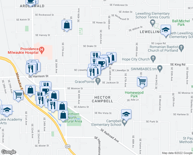 map of restaurants, bars, coffee shops, grocery stores, and more near 10604 Southeast 42nd Avenue in Milwaukie