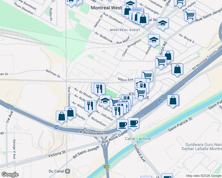 map of restaurants, bars, coffee shops, grocery stores, and more near 182 Avenue Duranceau in Montréal