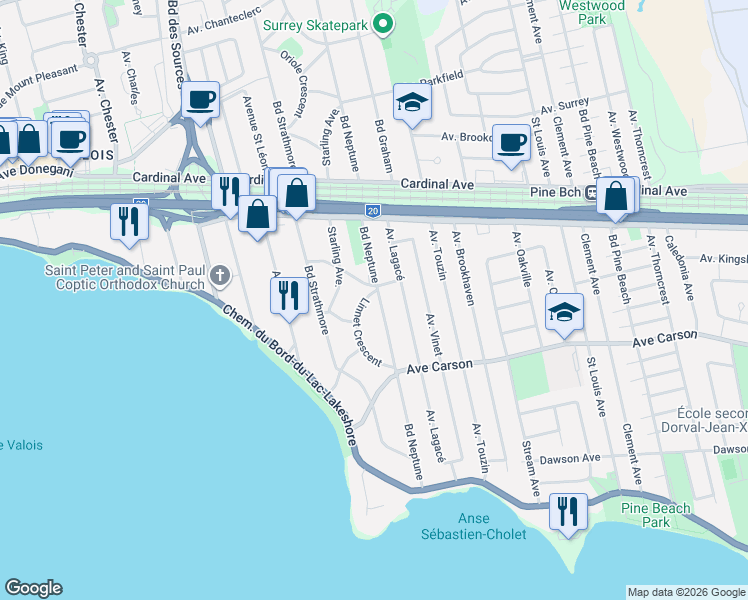 map of restaurants, bars, coffee shops, grocery stores, and more near 392 Boulevard Neptune in Dorval