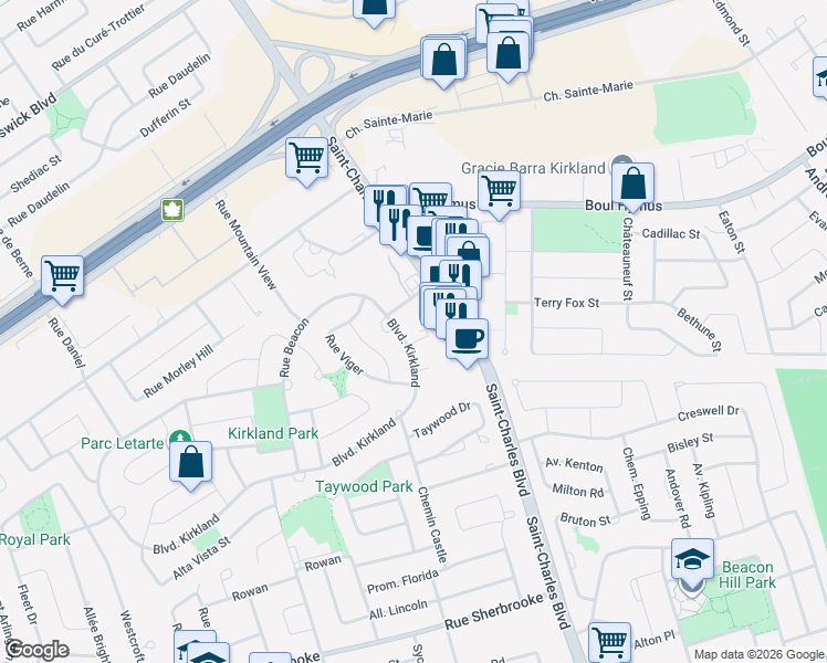 map of restaurants, bars, coffee shops, grocery stores, and more near 11 Boulevard Kirkland in Kirkland