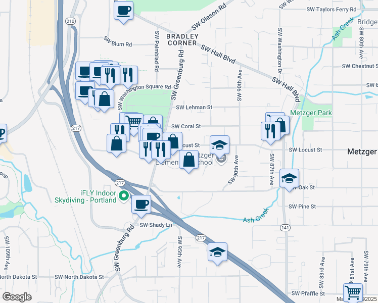 map of restaurants, bars, coffee shops, grocery stores, and more near 10200 Southwest Greenburg Road in Portland
