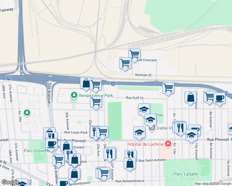 map of restaurants, bars, coffee shops, grocery stores, and more near 2330 Rue Duff Court in Montrã©Al