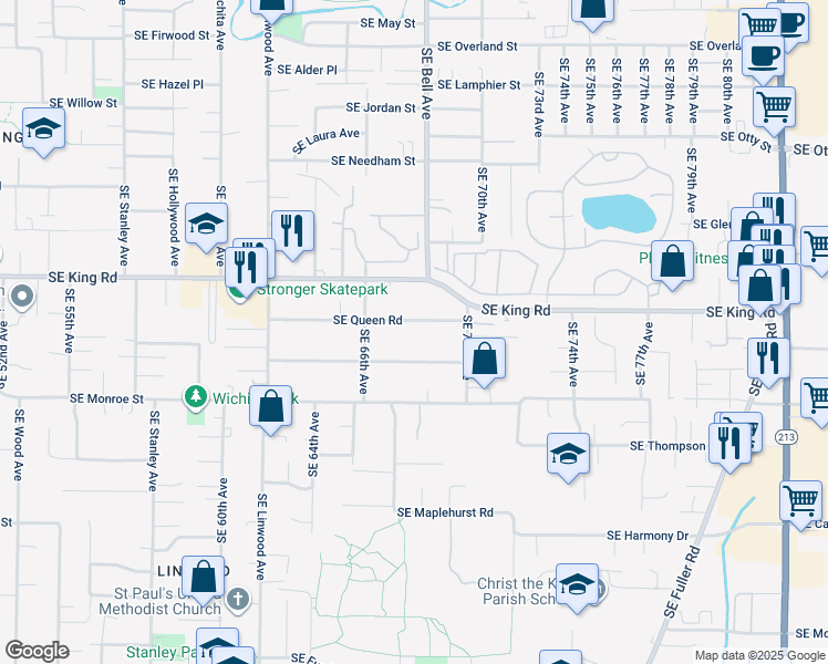 map of restaurants, bars, coffee shops, grocery stores, and more near 6802 Southeast Queen Road in Milwaukie