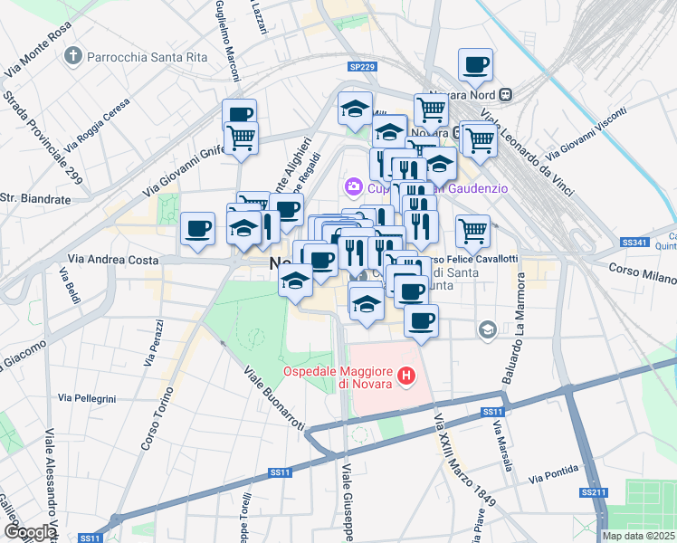 map of restaurants, bars, coffee shops, grocery stores, and more near 2-12 Via San Gaudenzio in Novara