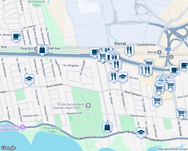 map of restaurants, bars, coffee shops, grocery stores, and more near 331 Cercle Parkwood in Dorval
