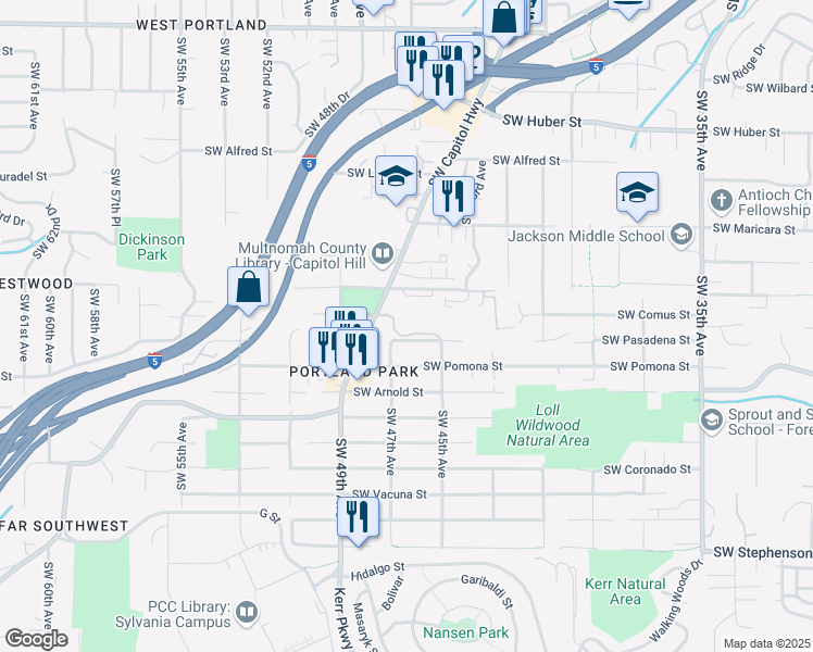 map of restaurants, bars, coffee shops, grocery stores, and more near 4534-4624 Southwest Dickinson Street in Portland