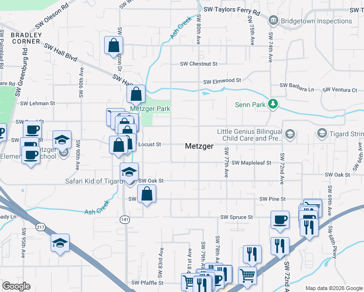 map of restaurants, bars, coffee shops, grocery stores, and more near 8017 Southwest Locust Street in Portland