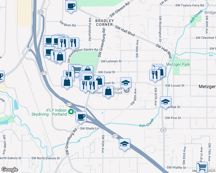 map of restaurants, bars, coffee shops, grocery stores, and more near 9385 Southwest Locust Street in Tigard