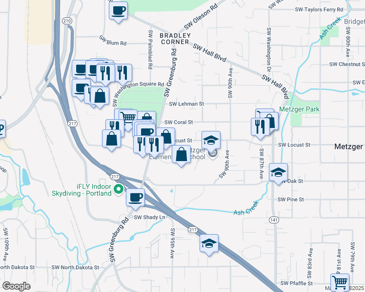 map of restaurants, bars, coffee shops, grocery stores, and more near 10220 Southwest Greenburg Road in Portland