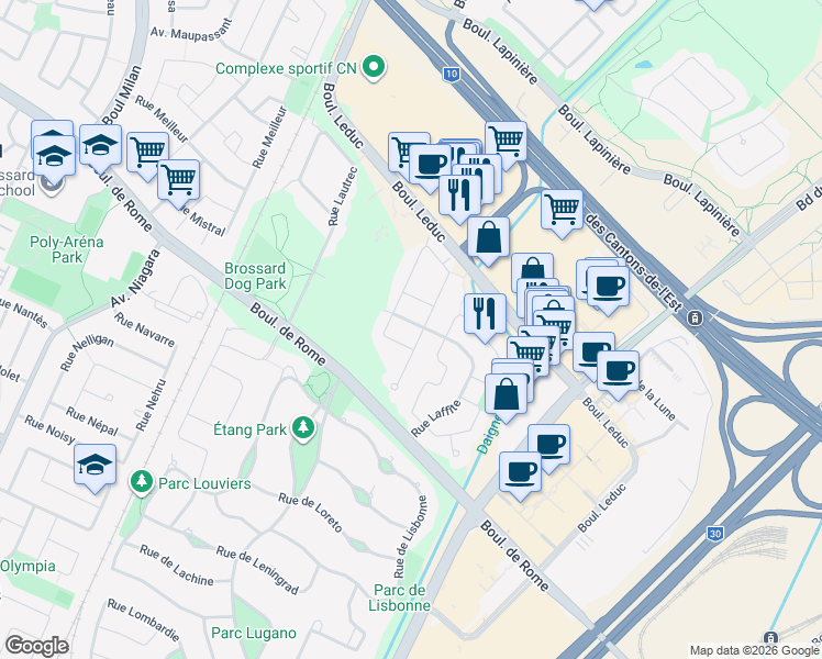 map of restaurants, bars, coffee shops, grocery stores, and more near 7445 Rue Laffite in Brossard