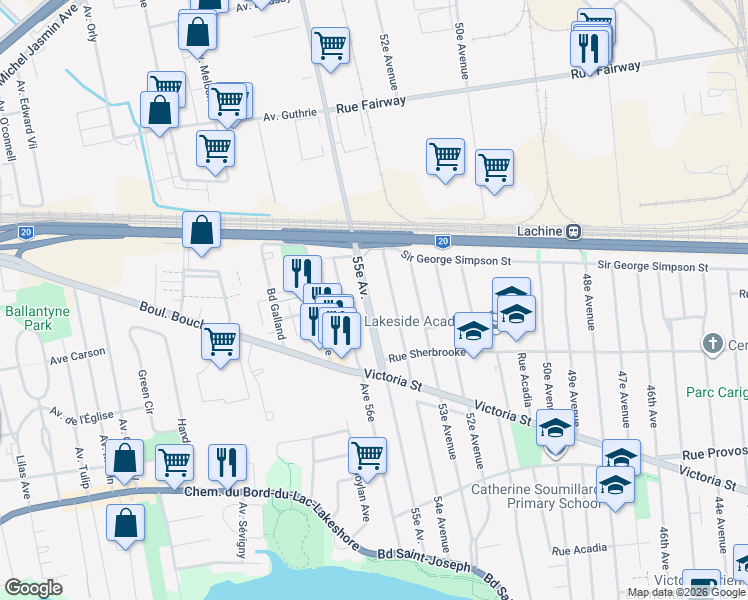 map of restaurants, bars, coffee shops, grocery stores, and more near 866 55e Avenue in Montréal