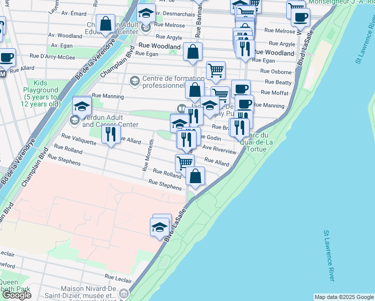 map of restaurants, bars, coffee shops, grocery stores, and more near 6155 Avenue Bannantyne in Montréal