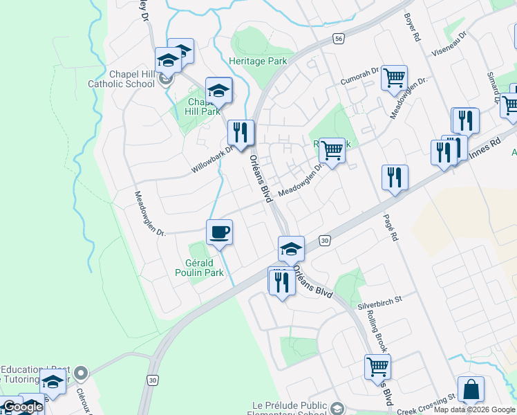map of restaurants, bars, coffee shops, grocery stores, and more near 19 Bergeron Private in Ottawa