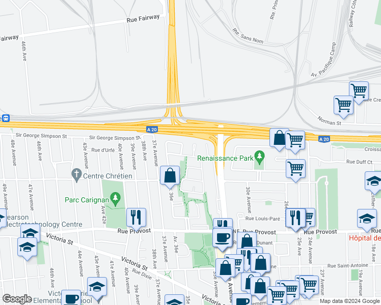 map of restaurants, bars, coffee shops, grocery stores, and more near 3466 Rue Anatole-Carignan in Montreal