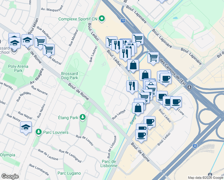 map of restaurants, bars, coffee shops, grocery stores, and more near 7445 Rue Laffite in Brossard