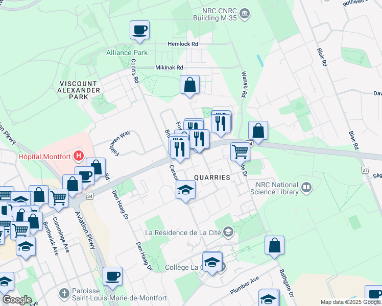 map of restaurants, bars, coffee shops, grocery stores, and more near Montréal Road in Ottawa