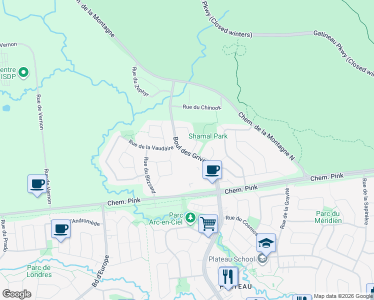 map of restaurants, bars, coffee shops, grocery stores, and more near 640 Boulevard des Grives in Gatineau