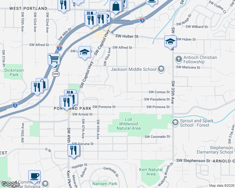 map of restaurants, bars, coffee shops, grocery stores, and more near 4326 Southwest Dickinson Street in Portland