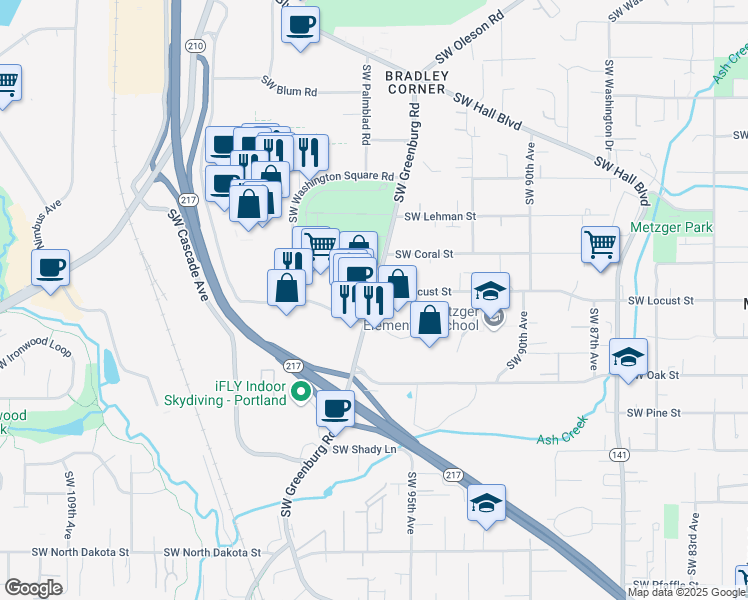 map of restaurants, bars, coffee shops, grocery stores, and more near 10164 Southwest Washington Square Road in Portland