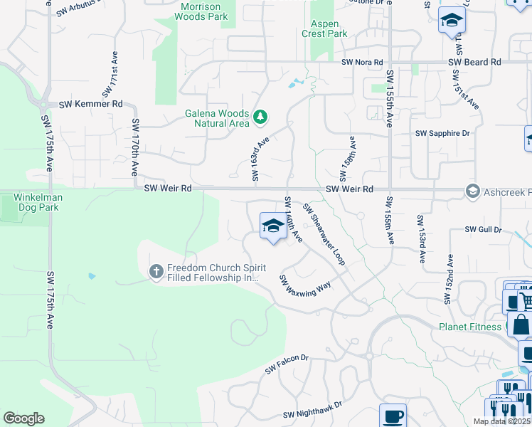 map of restaurants, bars, coffee shops, grocery stores, and more near 16190 Southwest Turtledove Lane in Beaverton