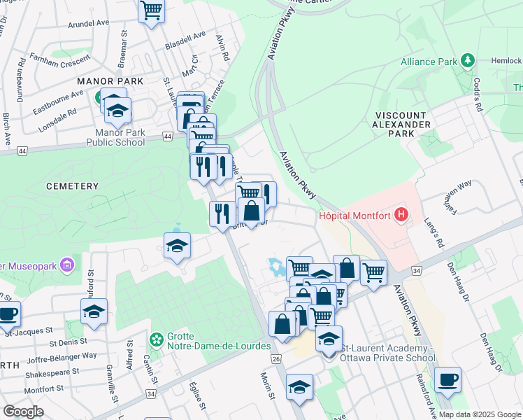 map of restaurants, bars, coffee shops, grocery stores, and more near 307 Brittany Drive in Ottawa