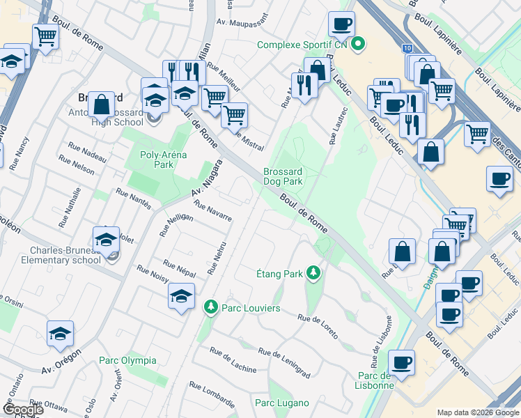 map of restaurants, bars, coffee shops, grocery stores, and more near 7100 Rue de Liège in Brossard