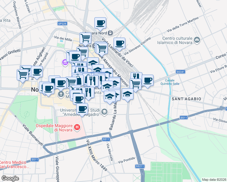 map of restaurants, bars, coffee shops, grocery stores, and more near 29 Corso Felice Cavallotti in Novara