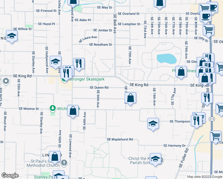map of restaurants, bars, coffee shops, grocery stores, and more near 6802 Southeast Queen Road in Milwaukie