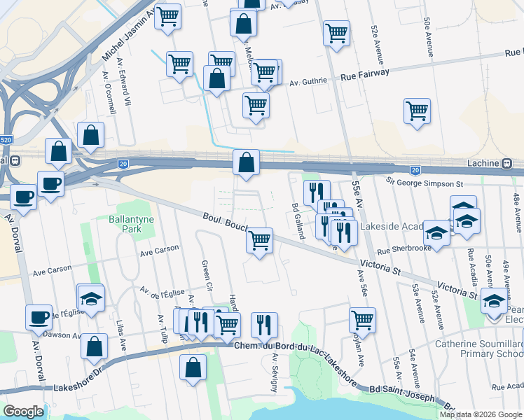 map of restaurants, bars, coffee shops, grocery stores, and more near Mousseau-Vermette in Dorval
