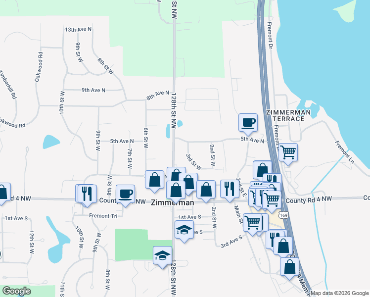 map of restaurants, bars, coffee shops, grocery stores, and more near 26282 3rd Street West in Zimmerman