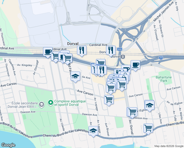 map of restaurants, bars, coffee shops, grocery stores, and more near 465 Avenue Lepage in Dorval