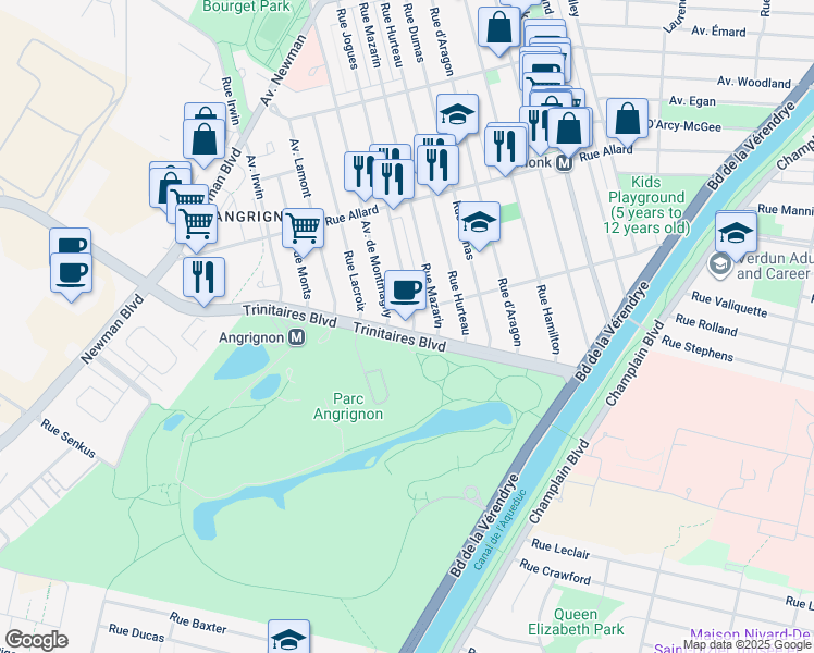 map of restaurants, bars, coffee shops, grocery stores, and more near 3125 Boulevard des Trinitaires in Montréal
