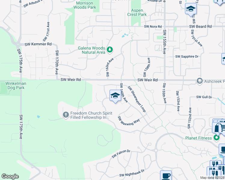 map of restaurants, bars, coffee shops, grocery stores, and more near 16190 Southwest Turtledove Lane in Beaverton